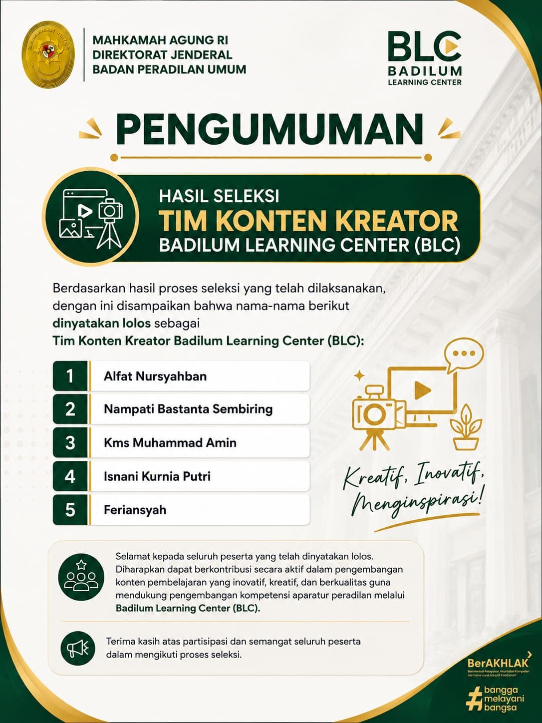 Seleksi Konten Kreator - Divisi  Pengembangan  Sistem dan  Teknologi - Badilum Learning Center Tahun 2026 - Dokumentasi 4